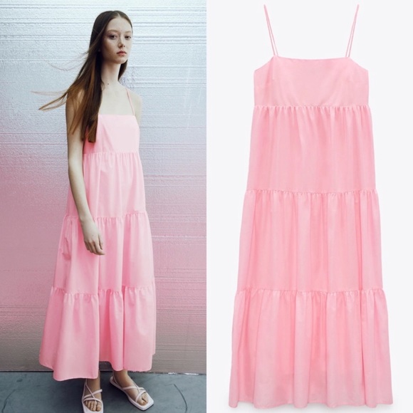Zara tiered cotton long dress,voluminous, bubblegum pastel 2023 designer XXL - Picture 5 of 8